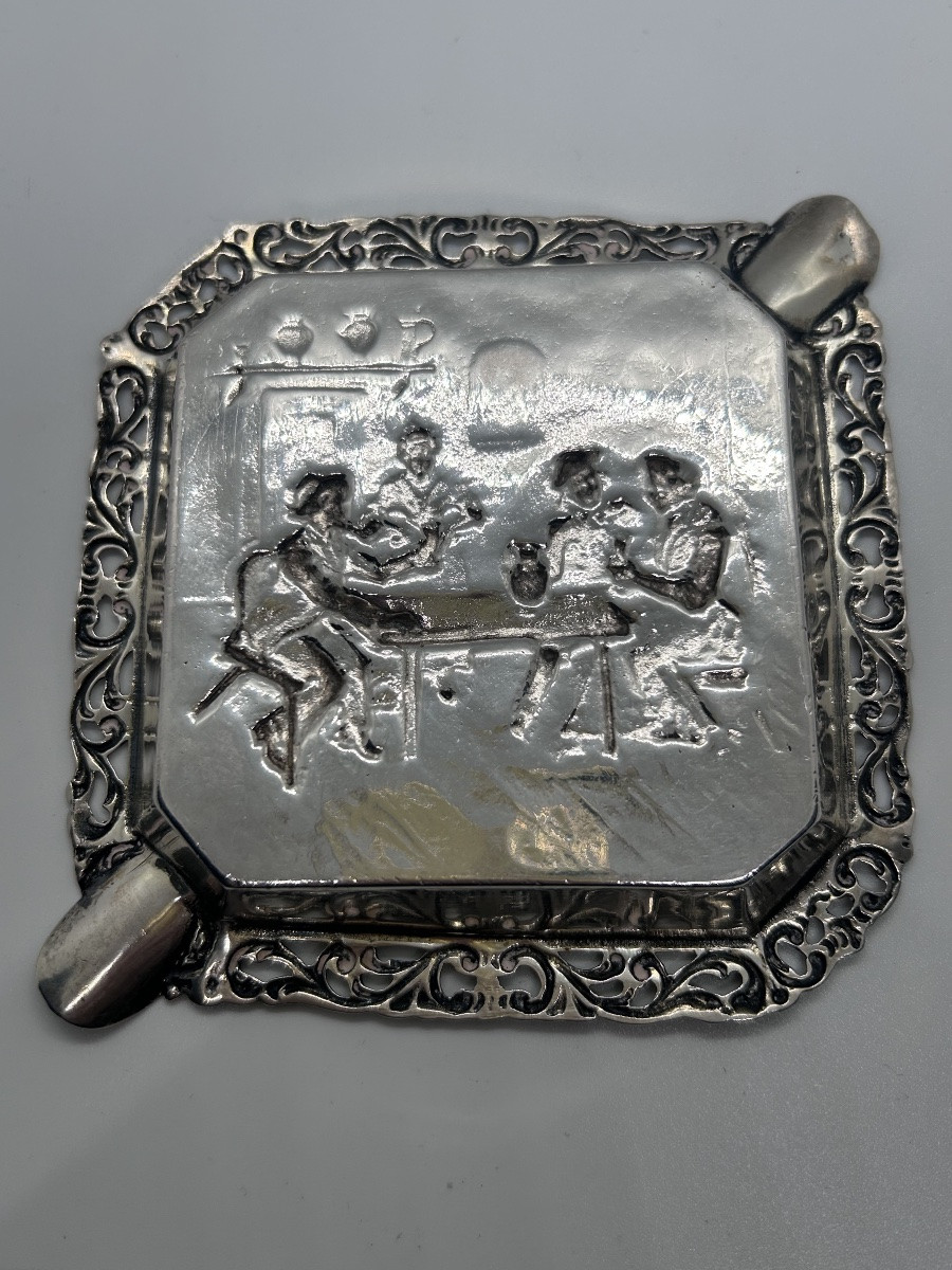 Porte cigares en argent massif, scène de taverne -photo-2