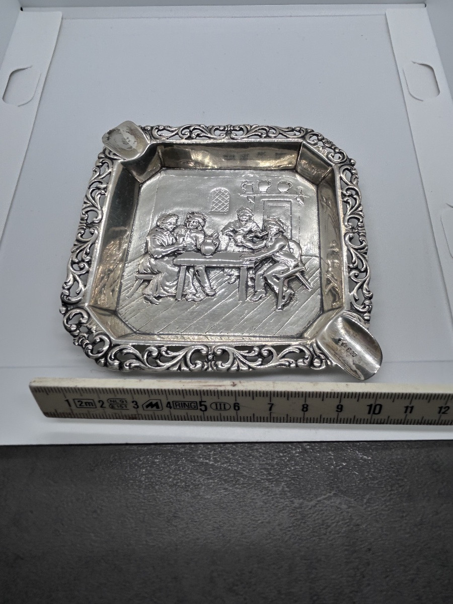 Porte cigares en argent massif, scène de taverne -photo-3