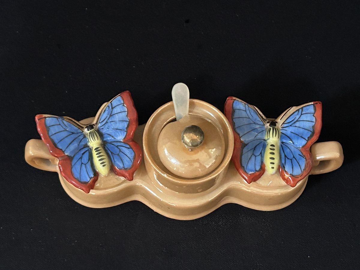 Chikaramashi, Art Deco Japanese Porcelain Condiment Dish, Butterflies-photo-2
