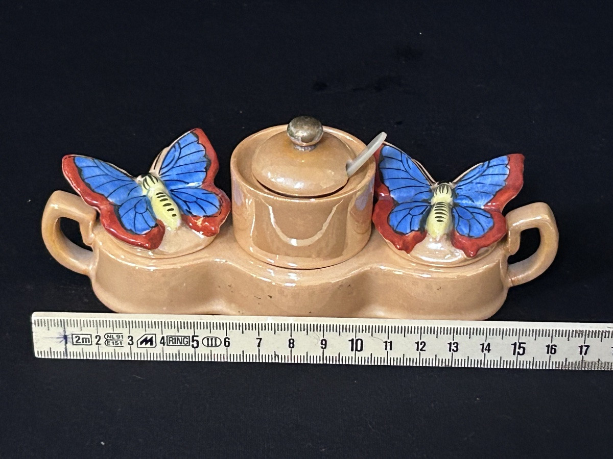 Chikaramashi, Art Deco Japanese Porcelain Condiment Dish, Butterflies-photo-4
