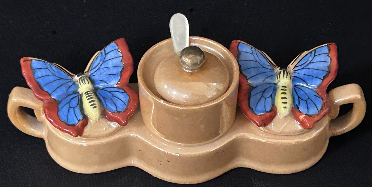 Chikaramashi, Art Deco Japanese Porcelain Condiment Dish, Butterflies