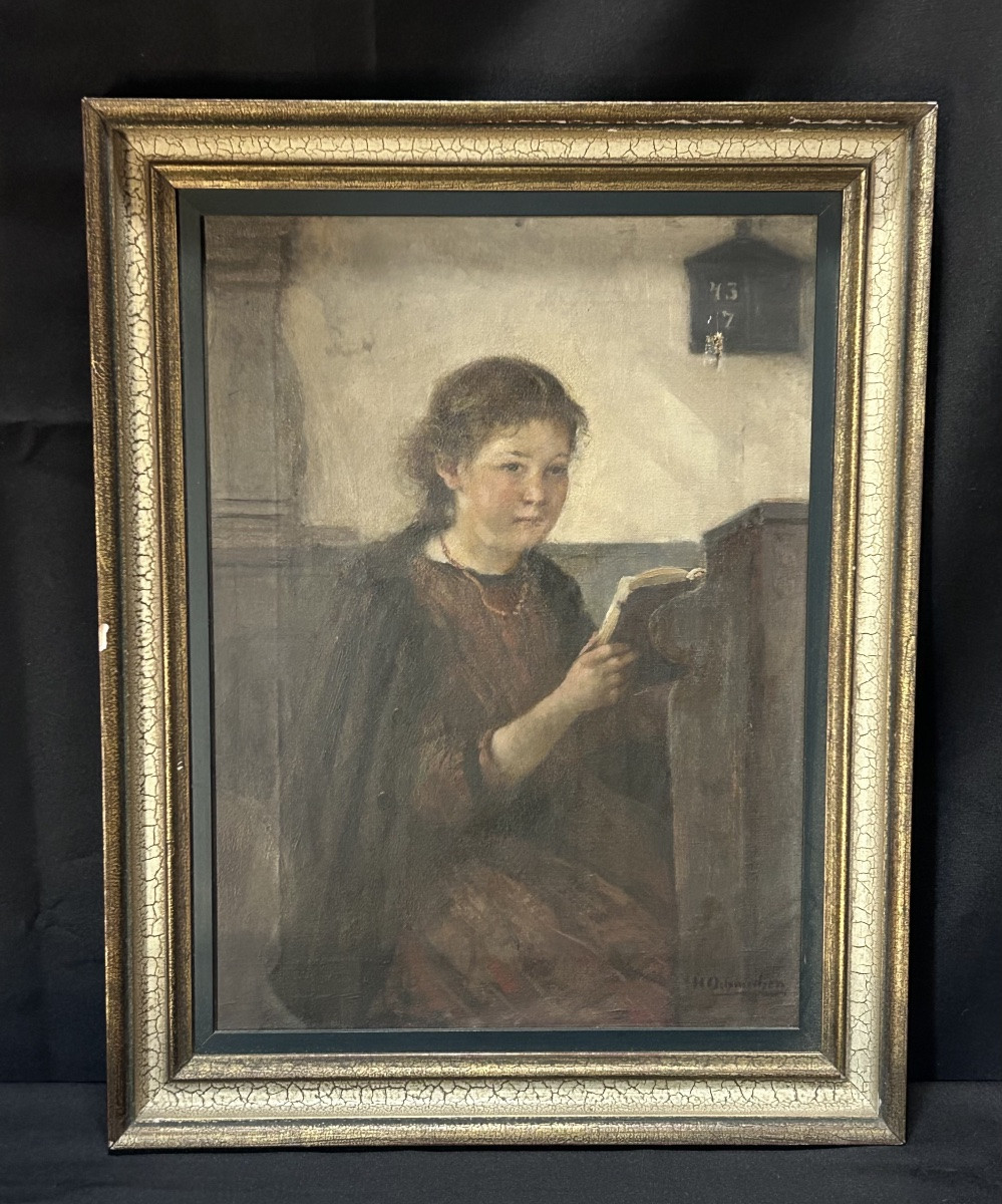 Jeune fille à la prière huile sur toile signé-photo-2