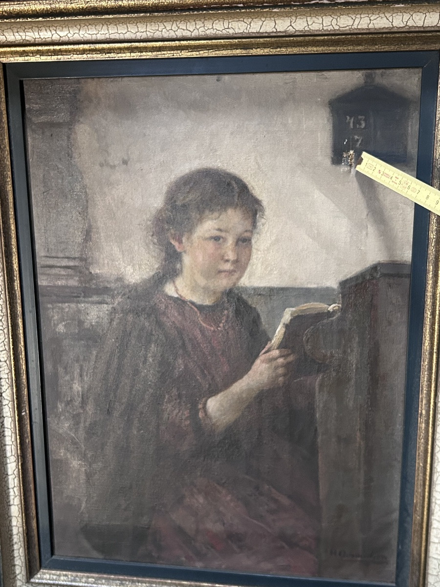 Jeune fille à la prière huile sur toile signé-photo-5