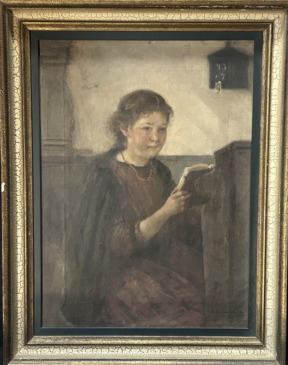 Jeune fille à la prière huile sur toile signé