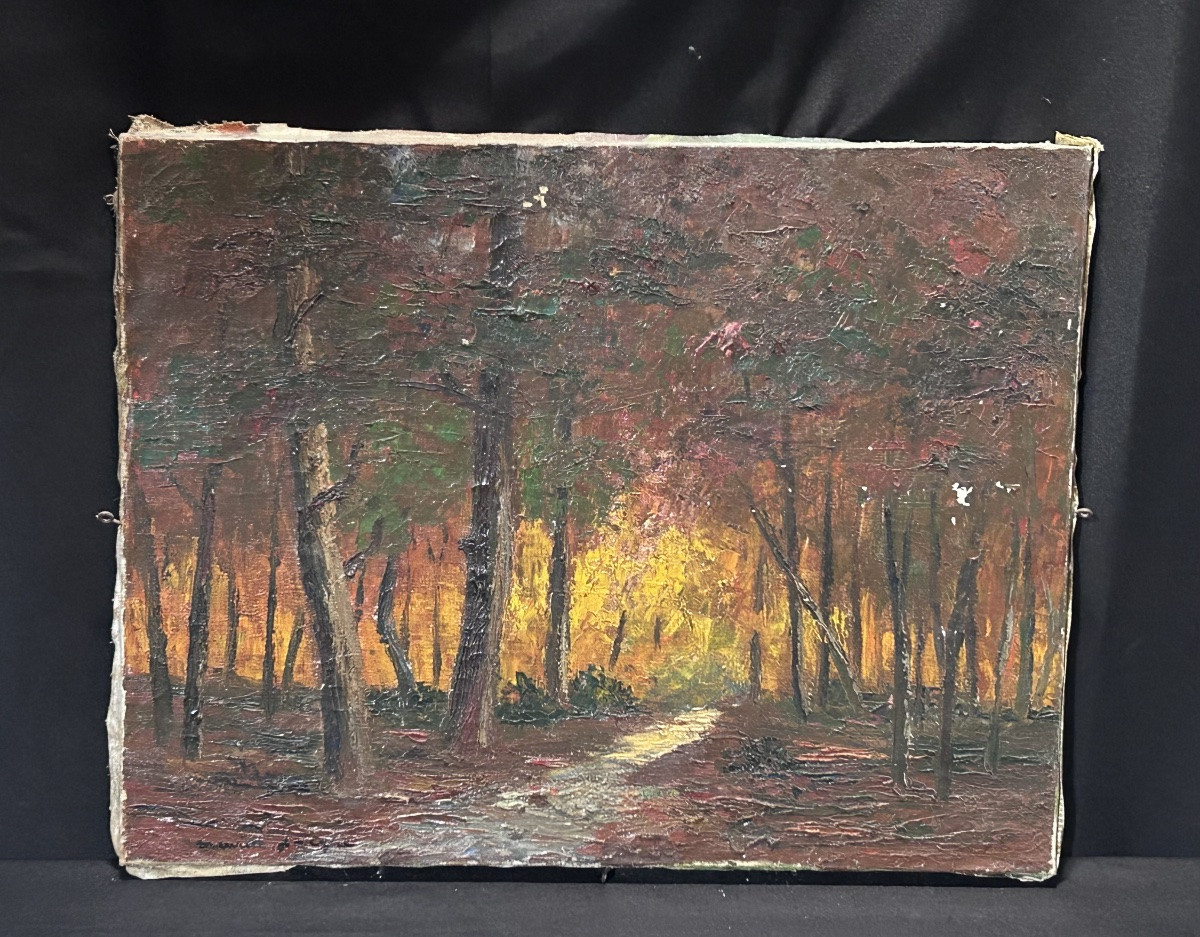 Oil On Canvas Forest Landscape, Maurice Jacque (?)-photo-2