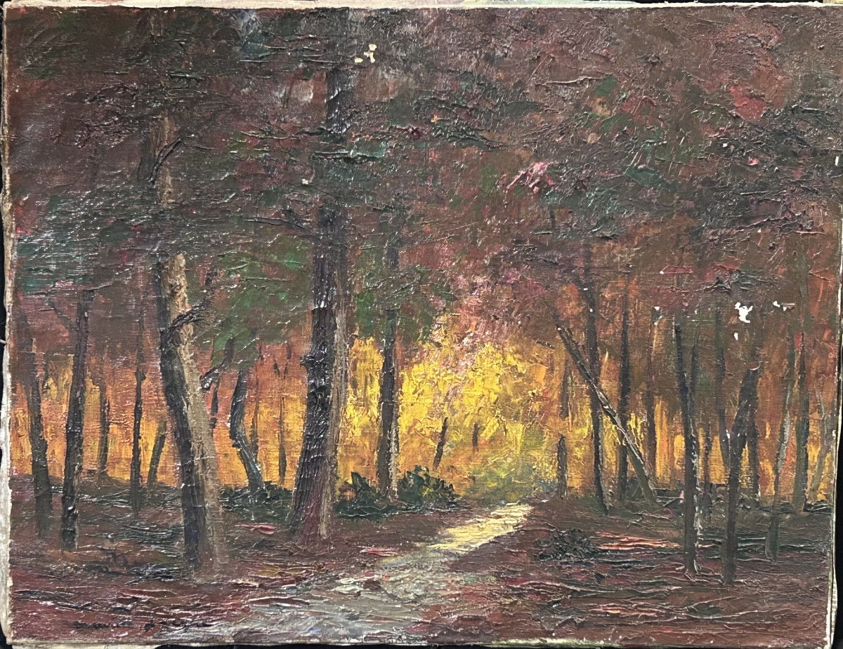 Oil On Canvas Forest Landscape, Maurice Jacque (?)