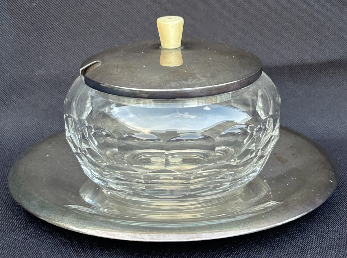 Val Saint Lambert, Art Deco Mustard Pot In Crystal And Silver-plated Metal-photo-2