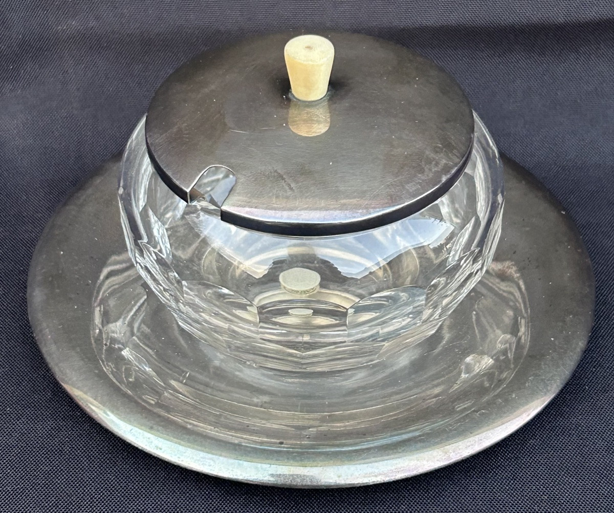 Val Saint Lambert, Art Deco Mustard Pot In Crystal And Silver-plated Metal-photo-3