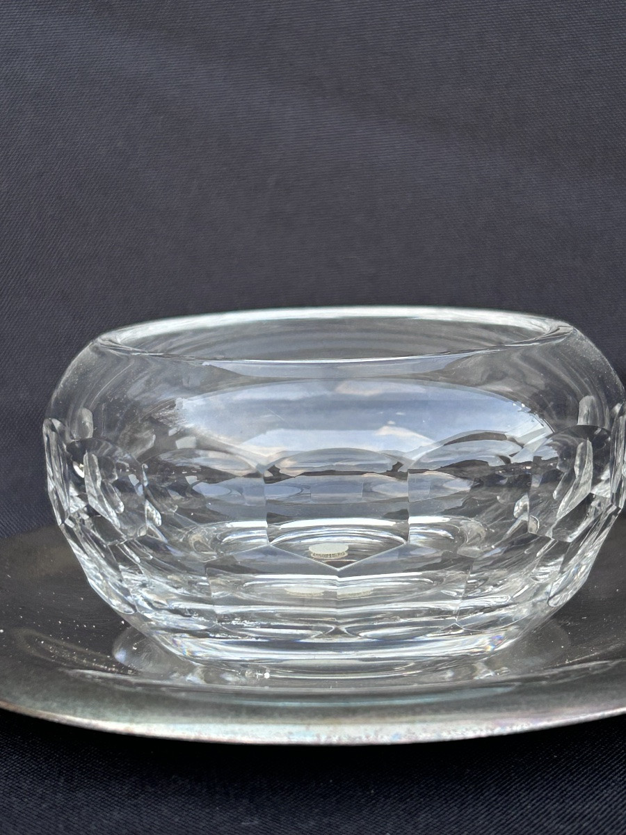 Val Saint Lambert, Art Deco Mustard Pot In Crystal And Silver-plated Metal-photo-3