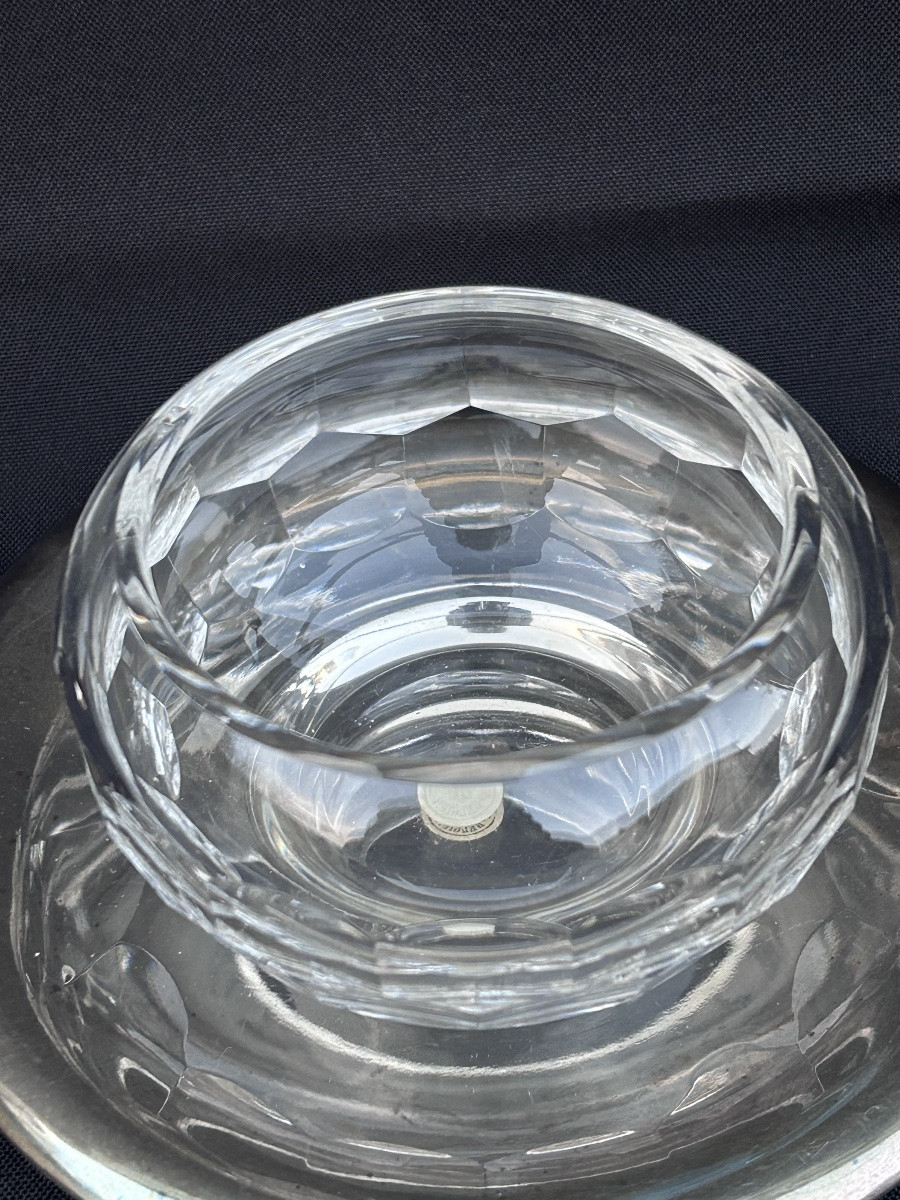 Val Saint Lambert, Art Deco Mustard Pot In Crystal And Silver-plated Metal-photo-4