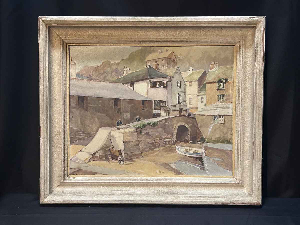 Huile sur panneau vue du village, signature à identifier -photo-2