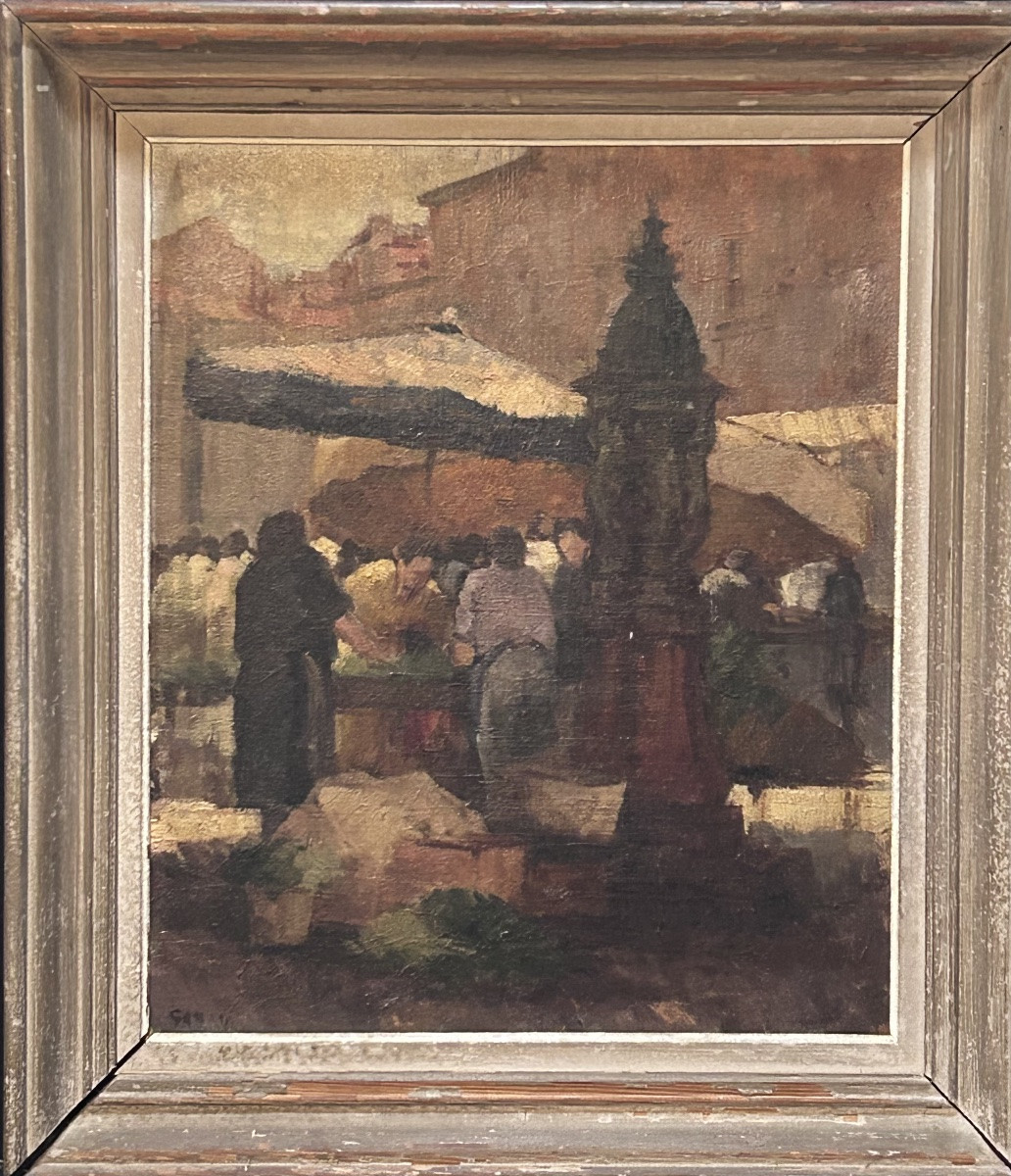 Oil On Canvas, Market Scene, Signature To Be Identified-photo-2