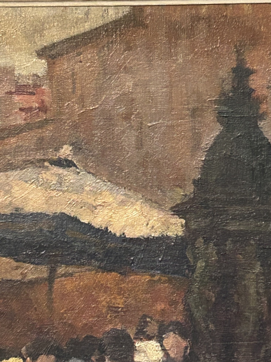 Oil On Canvas, Market Scene, Signature To Be Identified-photo-1