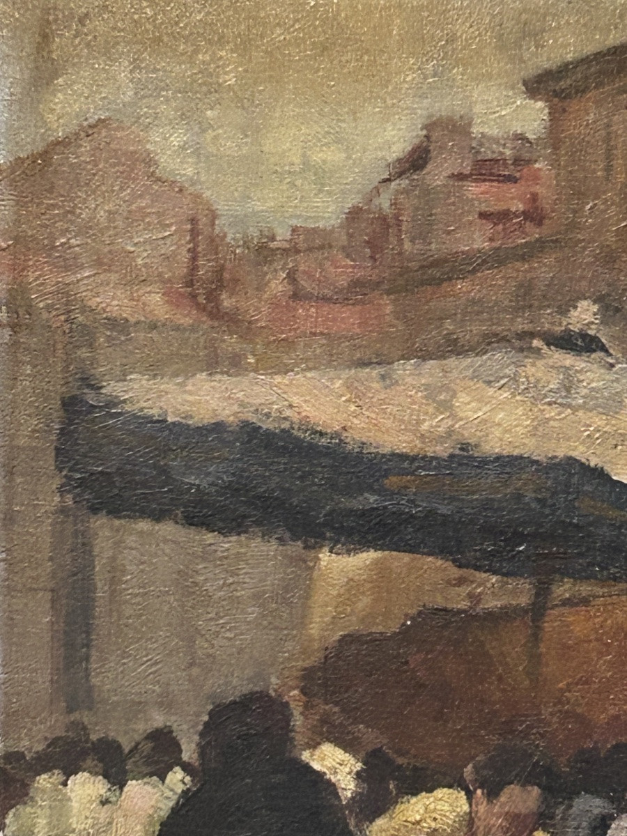 Oil On Canvas, Market Scene, Signature To Be Identified-photo-2