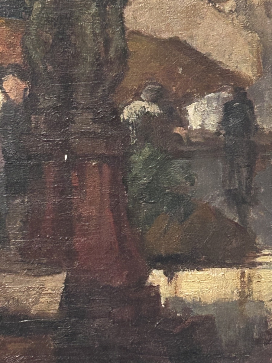 Oil On Canvas, Market Scene, Signature To Be Identified-photo-5
