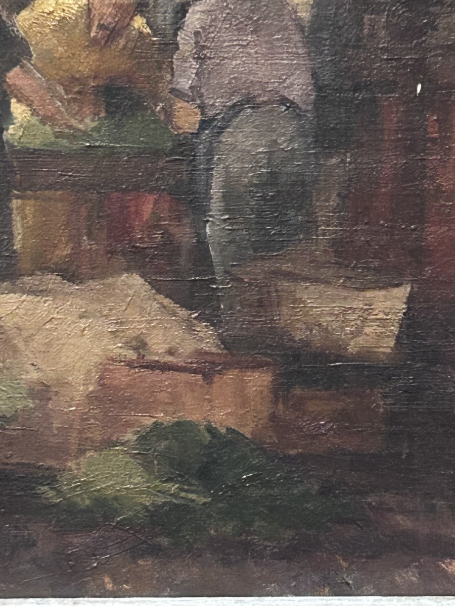 Oil On Canvas, Market Scene, Signature To Be Identified-photo-6