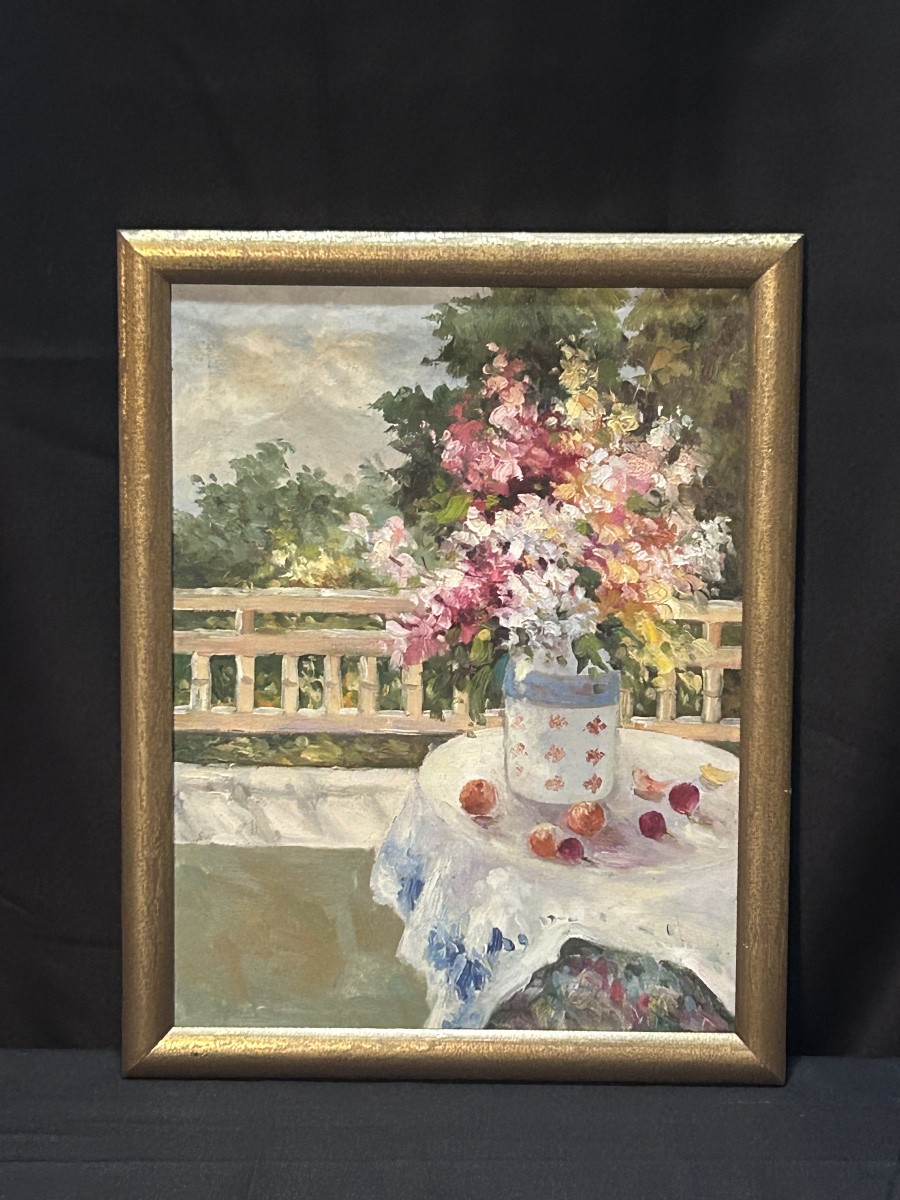 Oil On Canvas Bouquet Of Flowers In A Country Setting-photo-2