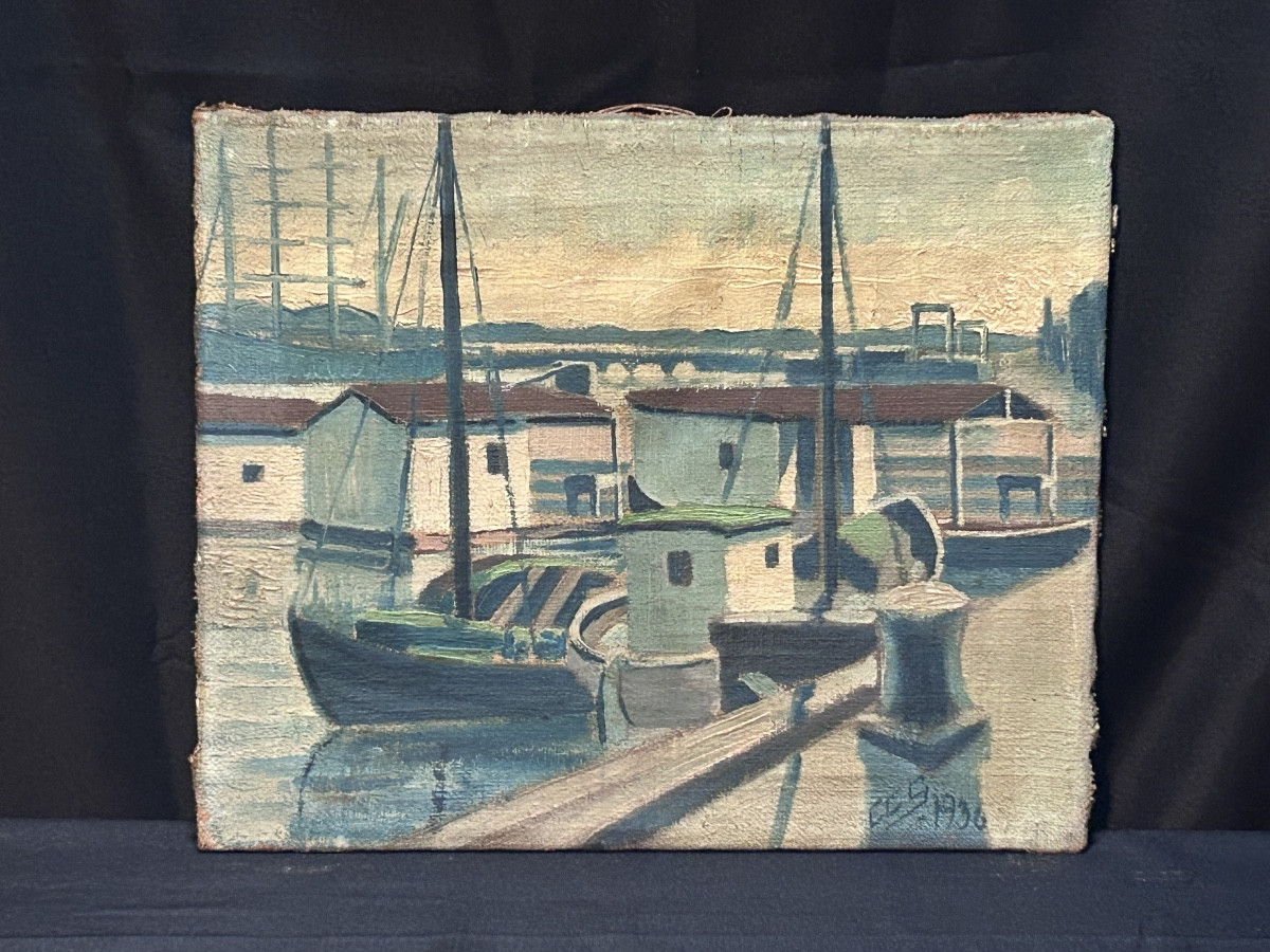 Huile sur toile paysage port scandinave monogrammée CCS-photo-2