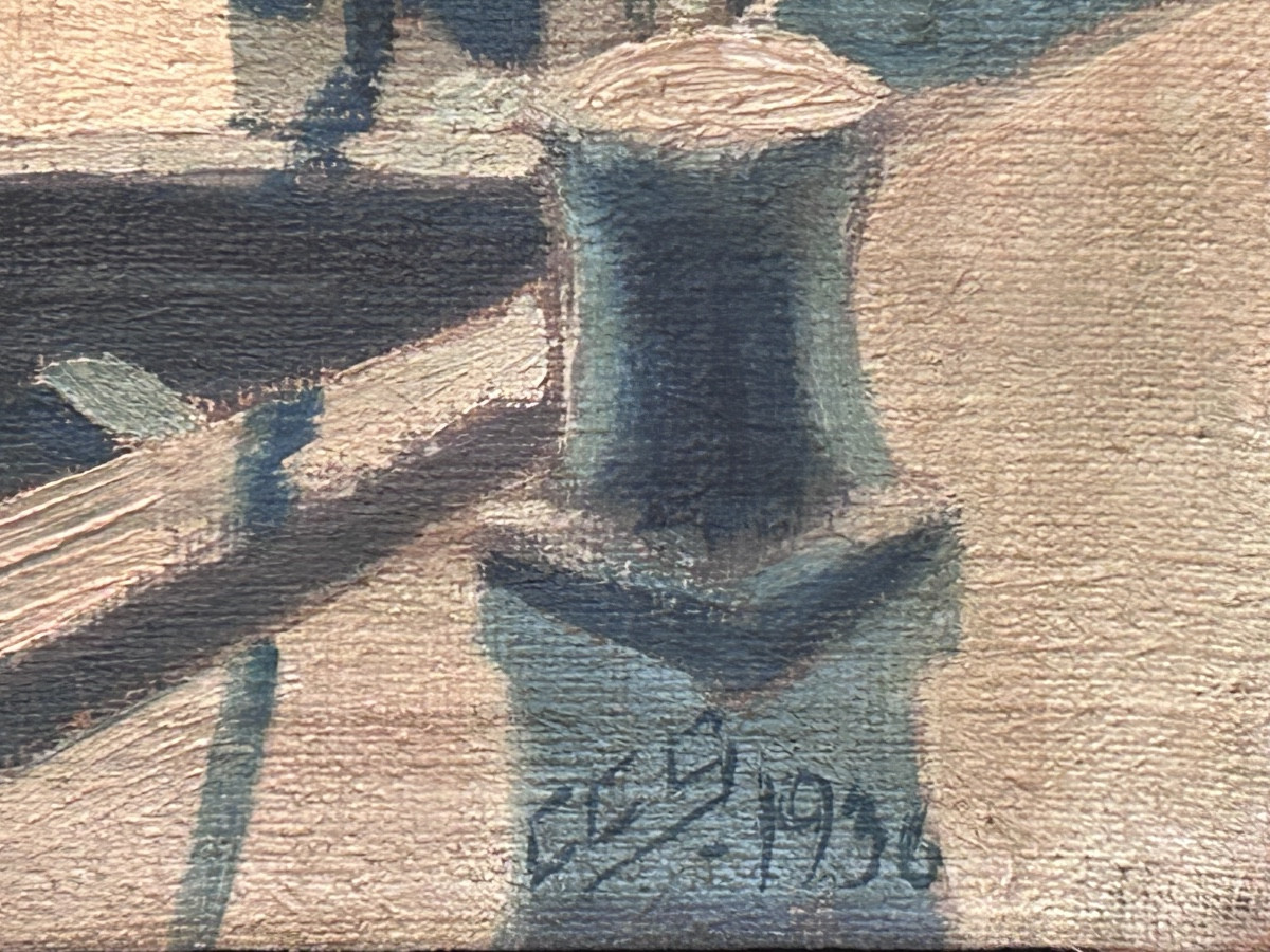 Huile sur toile paysage port scandinave monogrammée CCS-photo-3