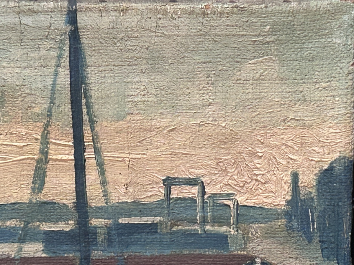 Huile sur toile paysage port scandinave monogrammée CCS-photo-4