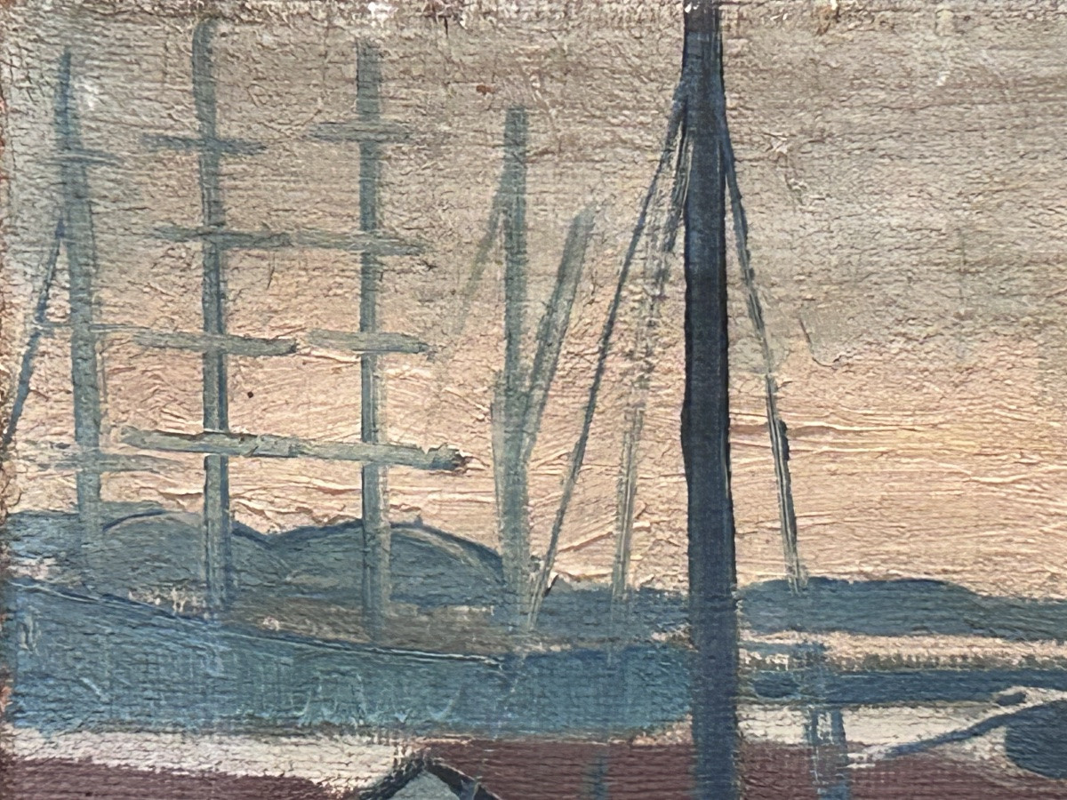 Huile sur toile paysage port scandinave monogrammée CCS-photo-1