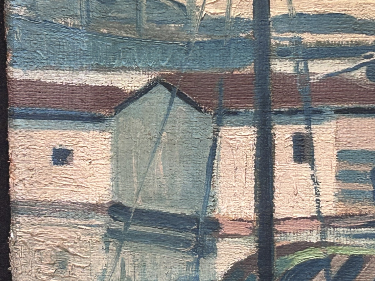 Huile sur toile paysage port scandinave monogrammée CCS-photo-2