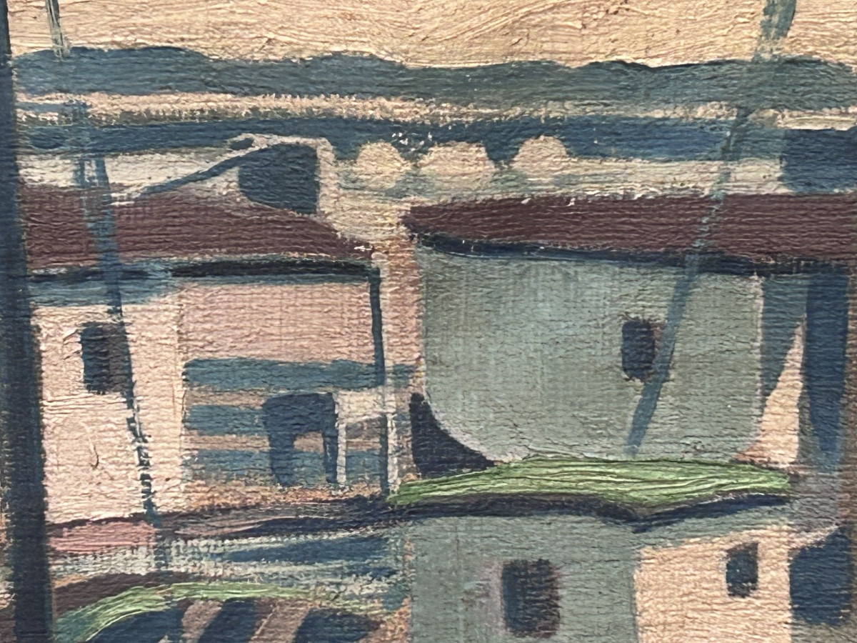 Huile sur toile paysage port scandinave monogrammée CCS-photo-3