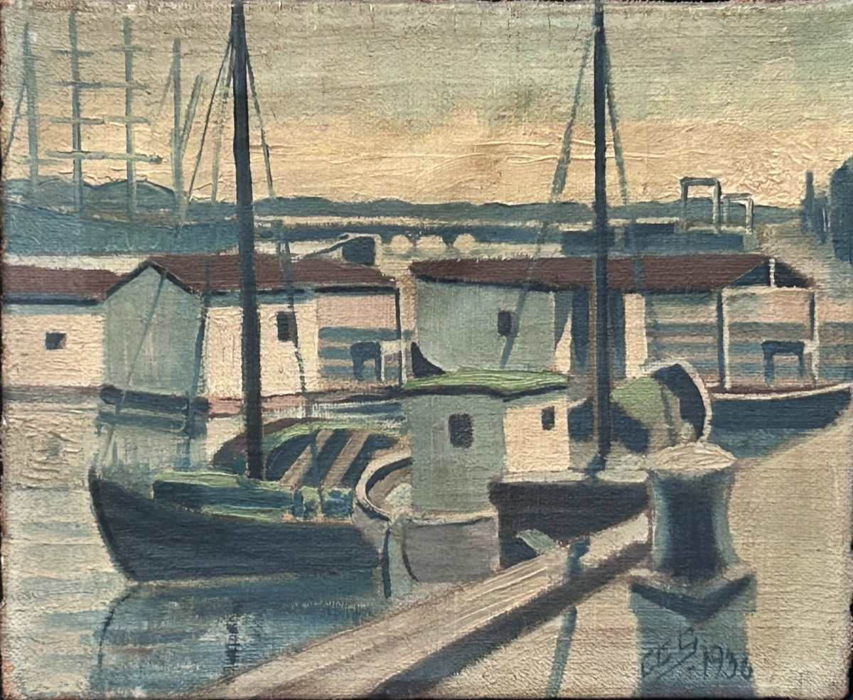 Huile sur toile paysage port scandinave monogrammée CCS