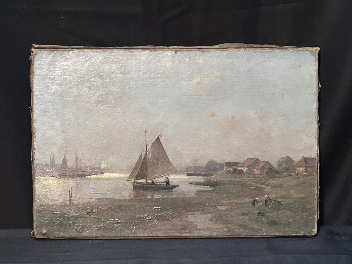 Oil On Canvas River Landscape Signature To Be Identified-photo-2