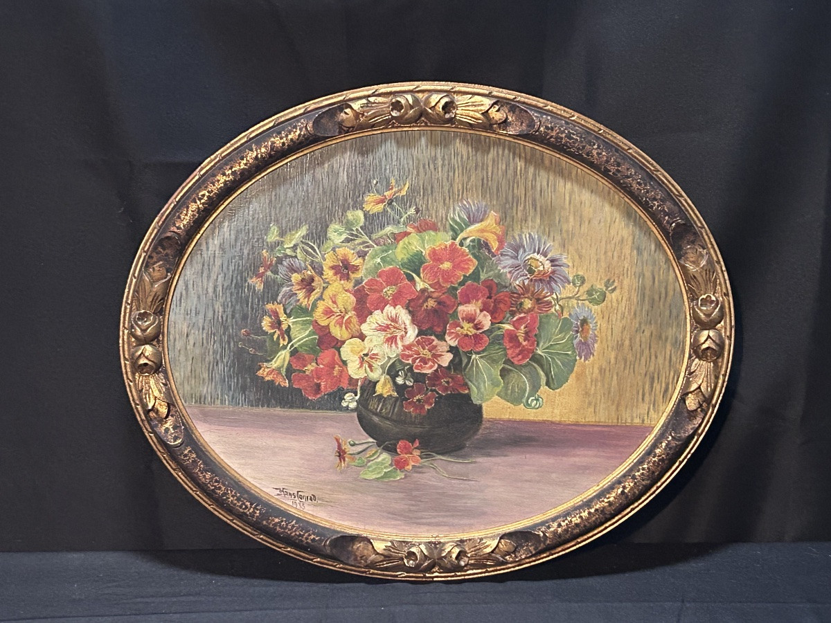 Hans Conrad, Oil On Panel Oval Bouquet Of Flowers-photo-2