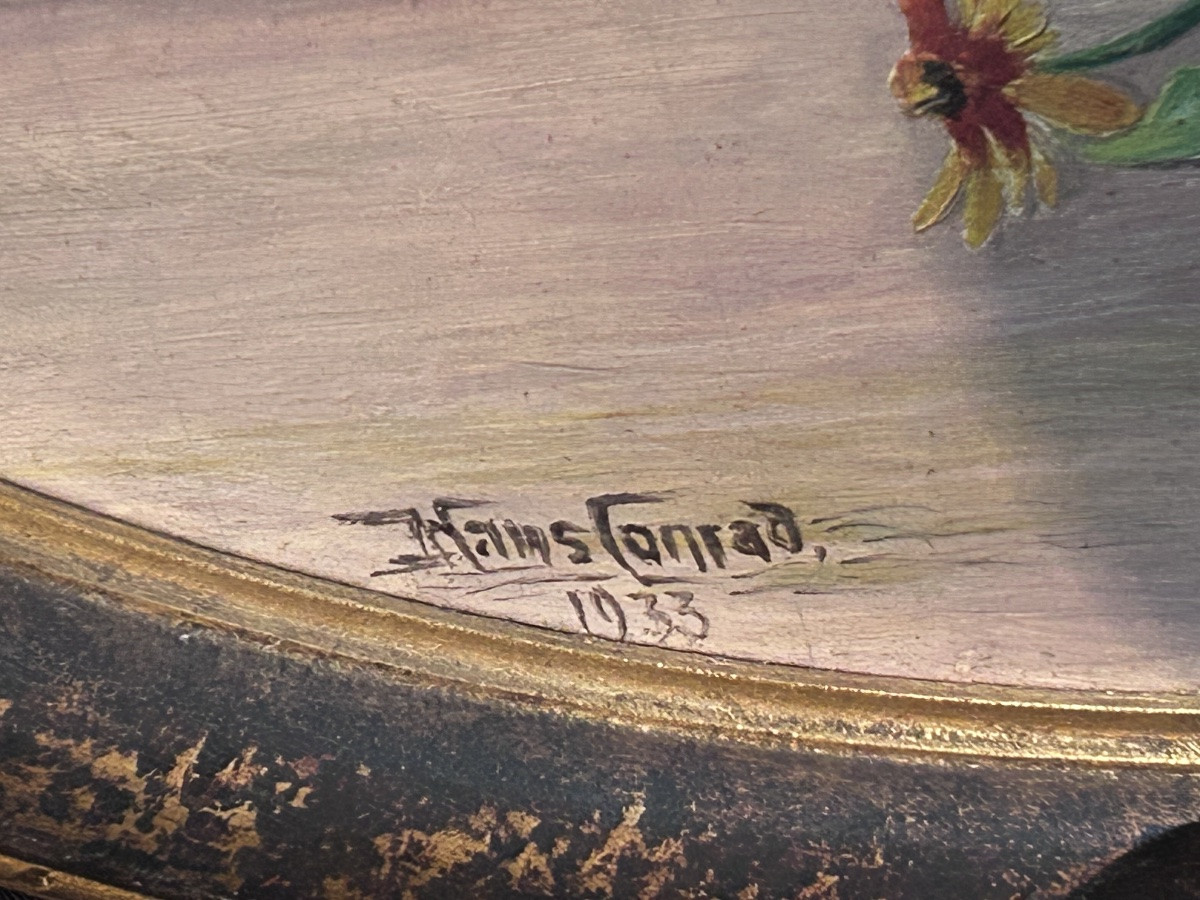 Hans Conrad, Oil On Panel Oval Bouquet Of Flowers-photo-3