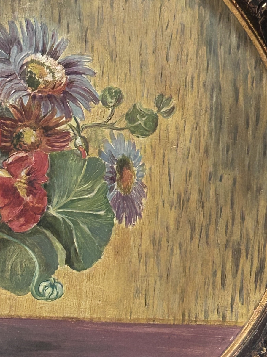 Hans Conrad, Oil On Panel Oval Bouquet Of Flowers-photo-4