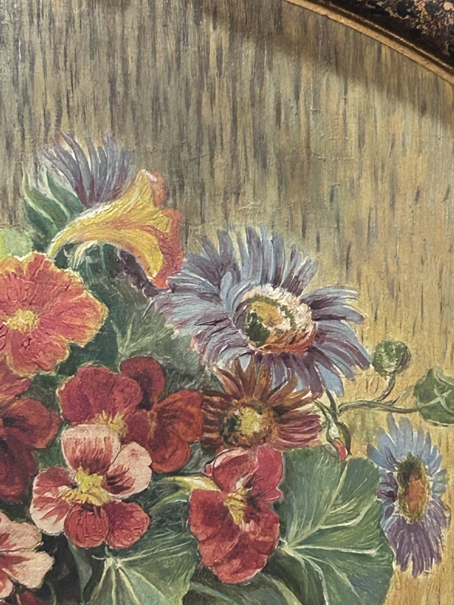 Hans Conrad, Oil On Panel Oval Bouquet Of Flowers-photo-1