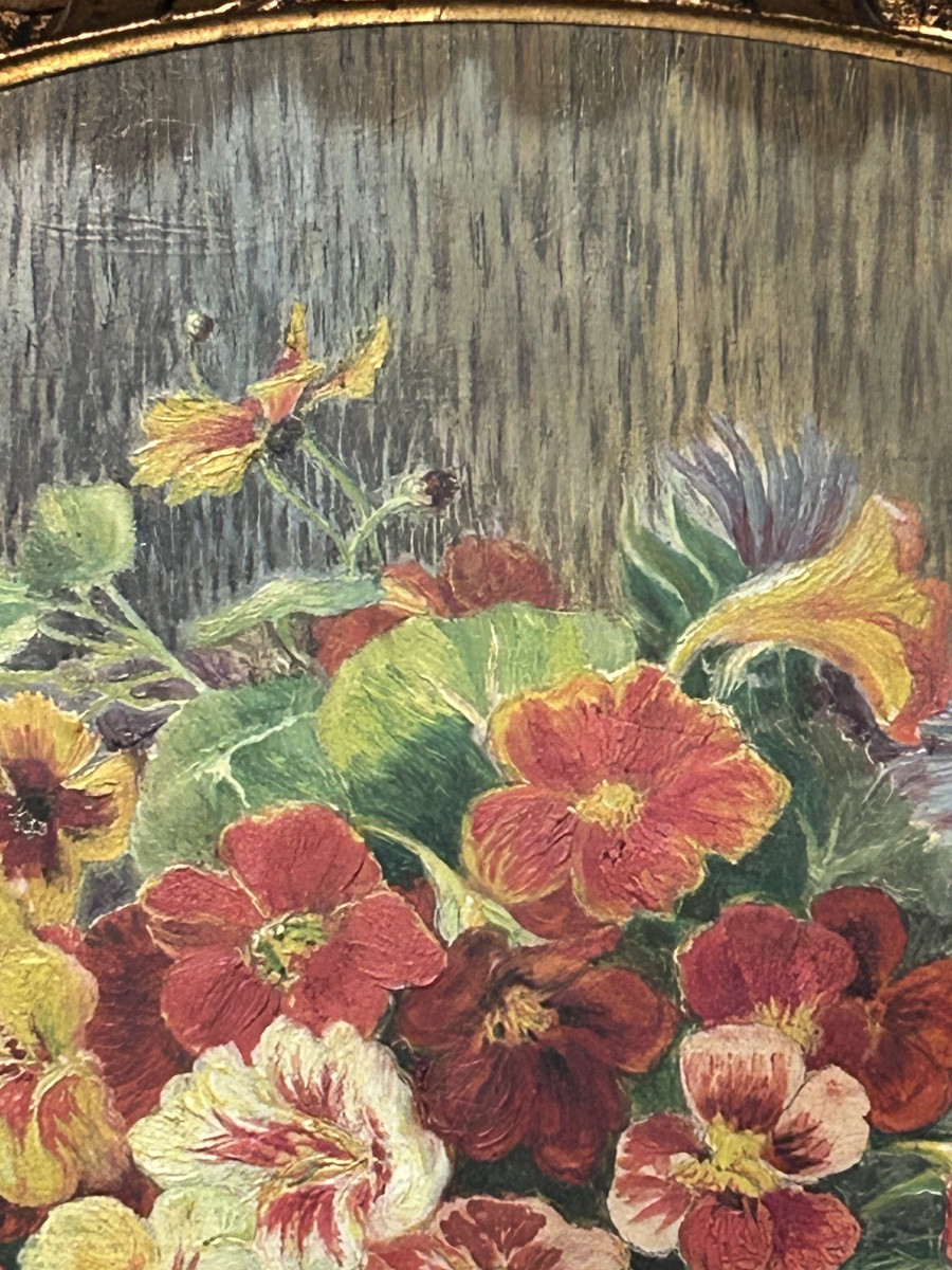 Hans Conrad, Oil On Panel Oval Bouquet Of Flowers-photo-2