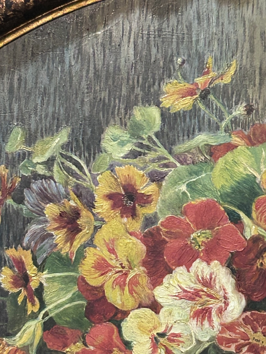 Hans Conrad, Oil On Panel Oval Bouquet Of Flowers-photo-3