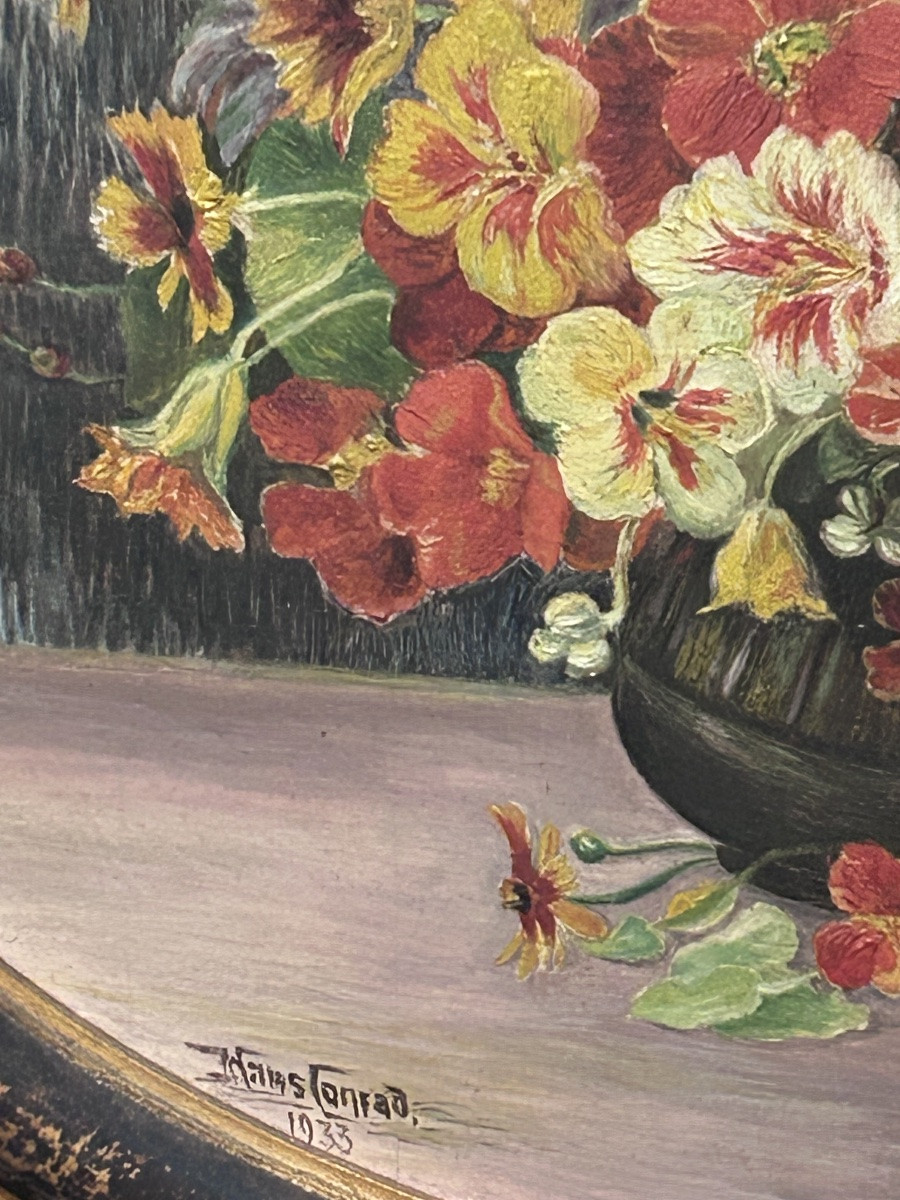 Hans Conrad, Oil On Panel Oval Bouquet Of Flowers-photo-4