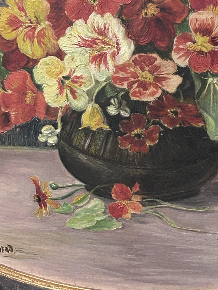 Hans Conrad, Oil On Panel Oval Bouquet Of Flowers-photo-5