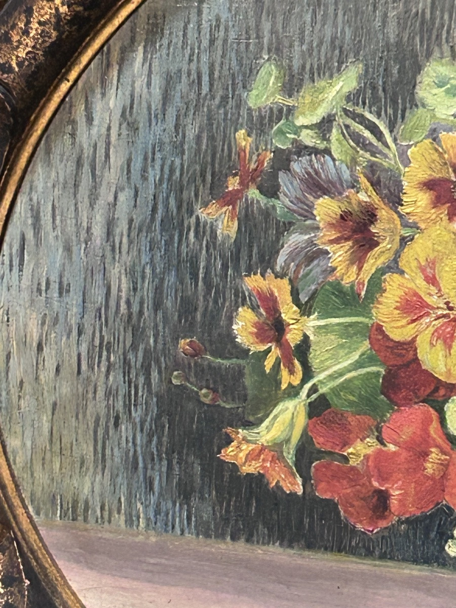 Hans Conrad, Oil On Panel Oval Bouquet Of Flowers-photo-6