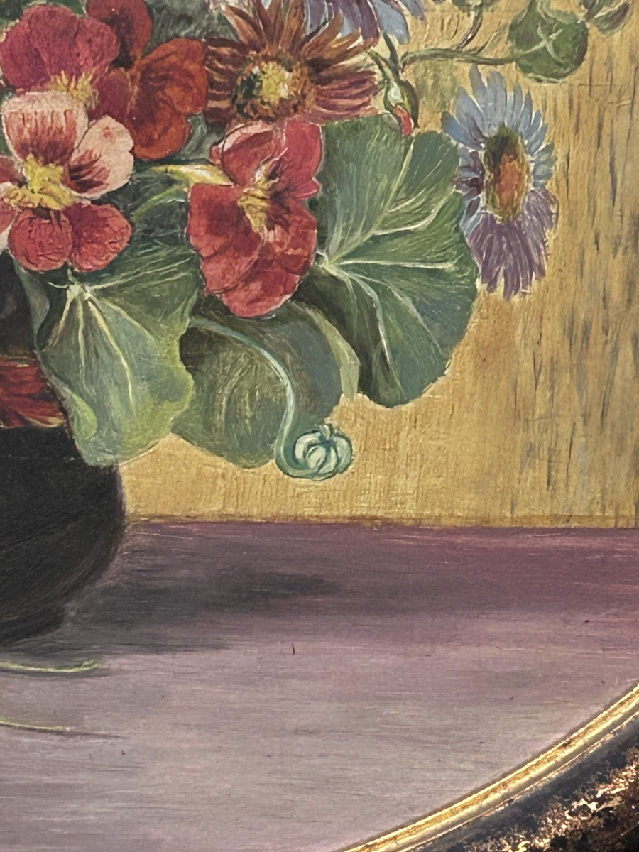 Hans Conrad, Oil On Panel Oval Bouquet Of Flowers-photo-7