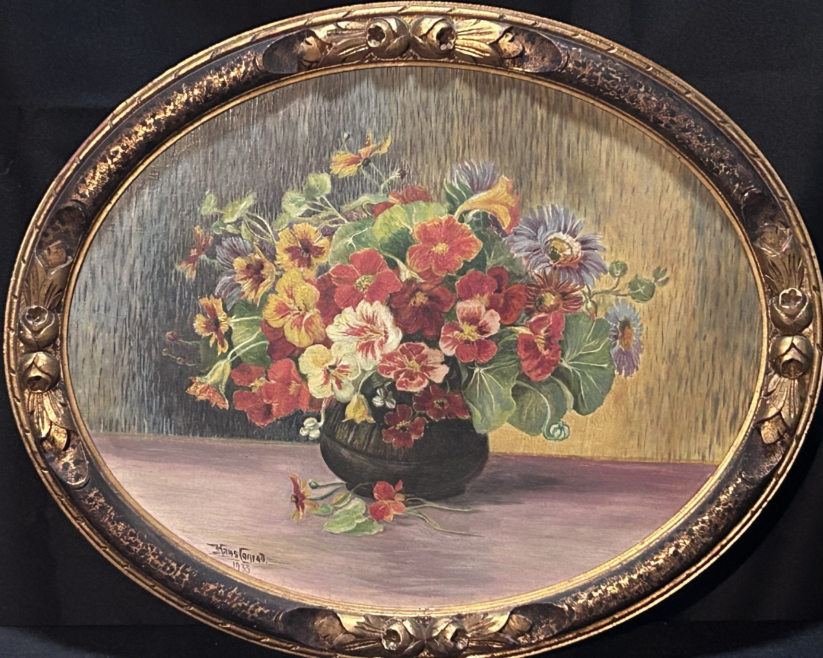 Hans Conrad, Oil On Panel Oval Bouquet Of Flowers