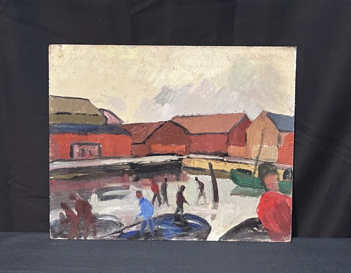 Oil On Panel Scandinavian Landscape Harbor View-photo-2