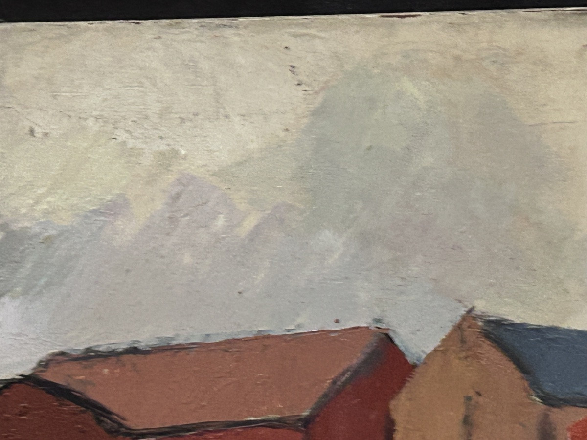 Oil On Panel Scandinavian Landscape Harbor View-photo-3