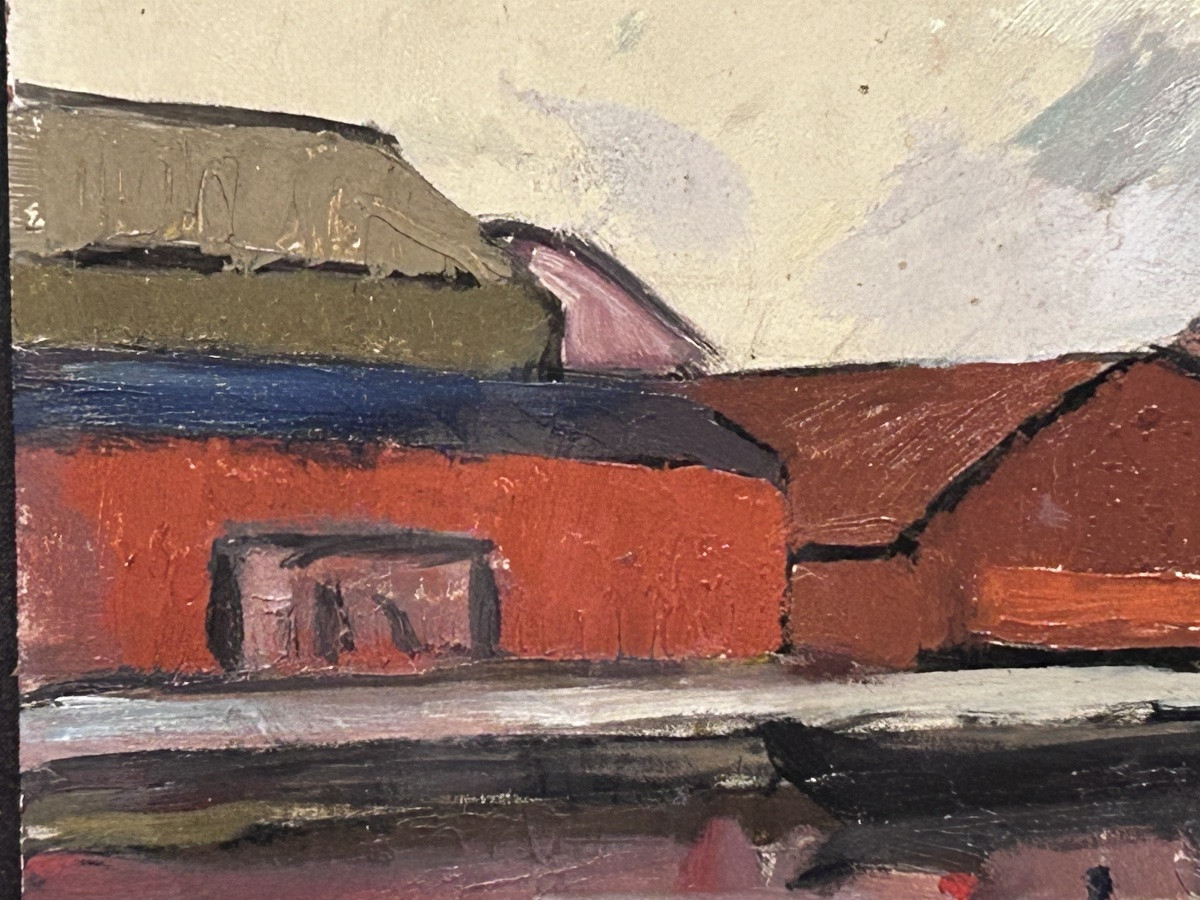 Oil On Panel Scandinavian Landscape Harbor View-photo-2