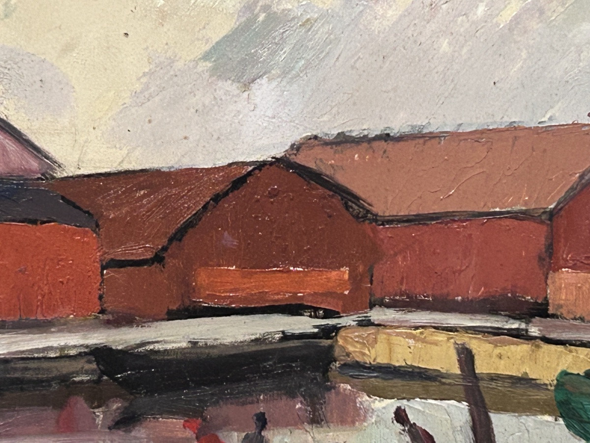 Oil On Panel Scandinavian Landscape Harbor View-photo-3