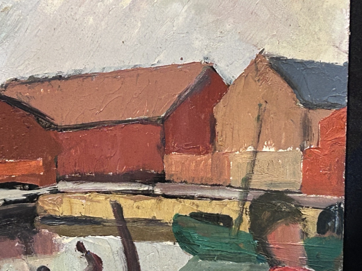 Oil On Panel Scandinavian Landscape Harbor View-photo-4