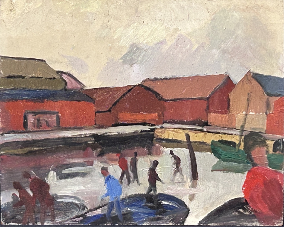 Oil On Panel Scandinavian Landscape Harbor View