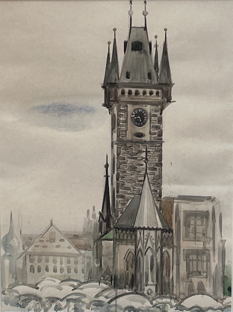 Watercolor, Old Town Hall, Prague Signature To Be Identified-photo-3