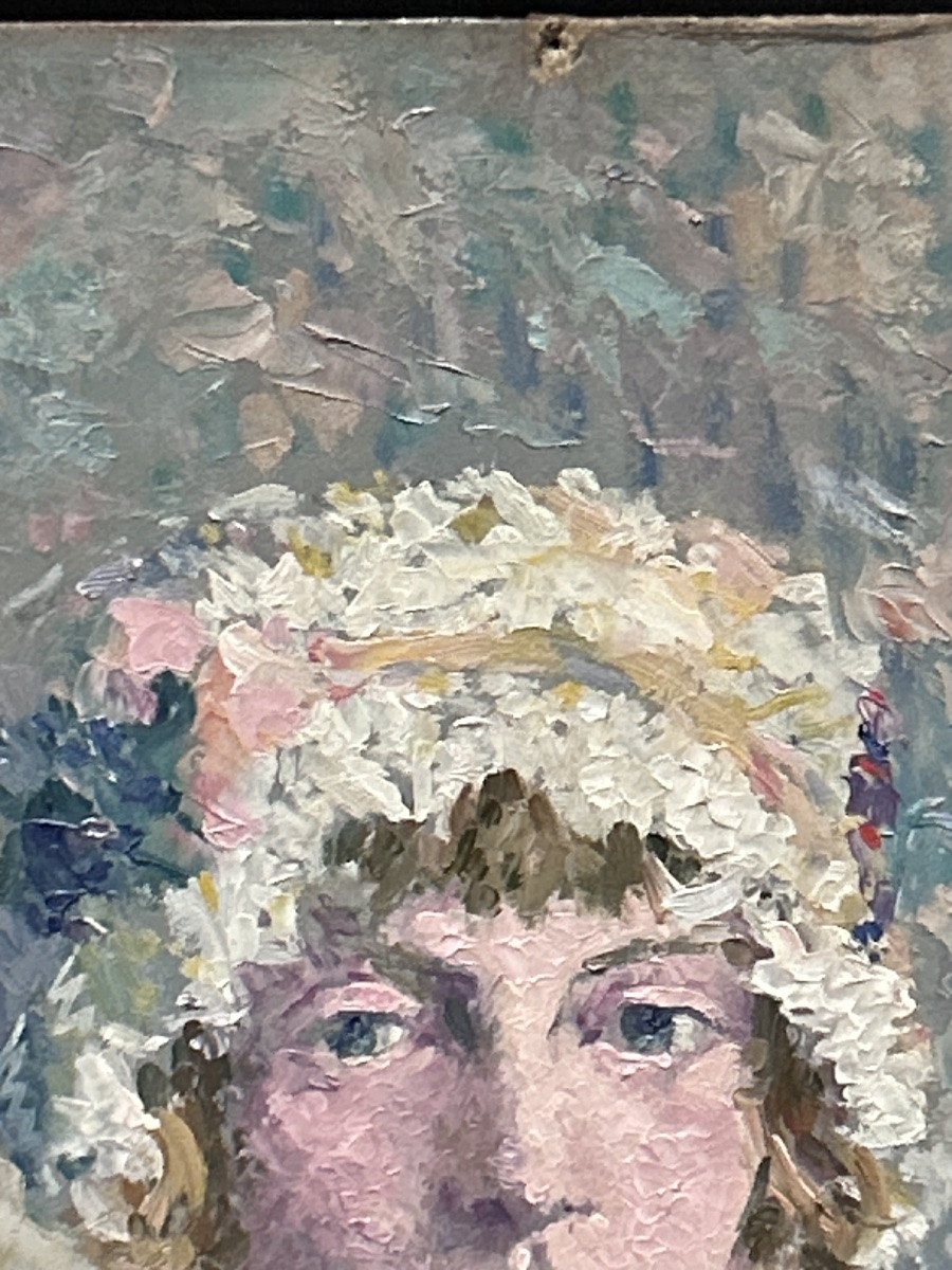 A.Robert, huile sur panneau portrait de femme -photo-1