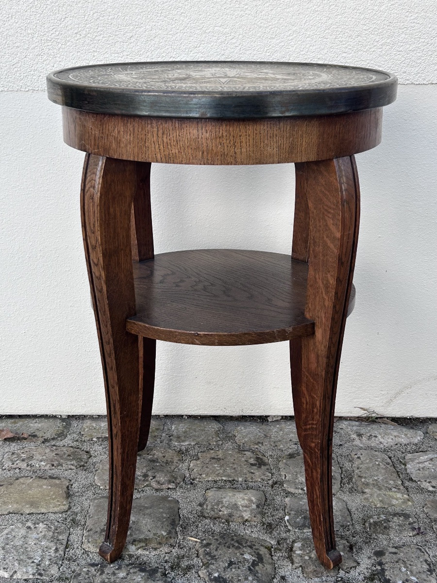 Art Deco Side Table In Oak And Embossed Brass, Decorated With Elephants-photo-2