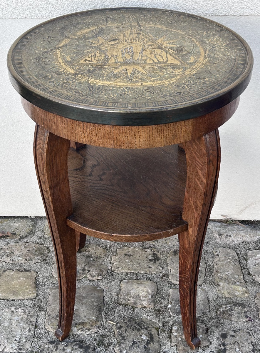 Art Deco Side Table In Oak And Embossed Brass, Decorated With Elephants